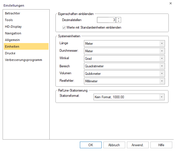Einstellungen Einheiten